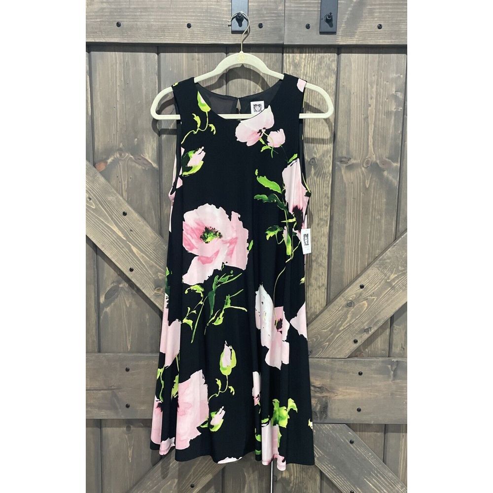 Anne Klein A Line Swing Dress 12 Black Pink Floral Stretch Career Church New